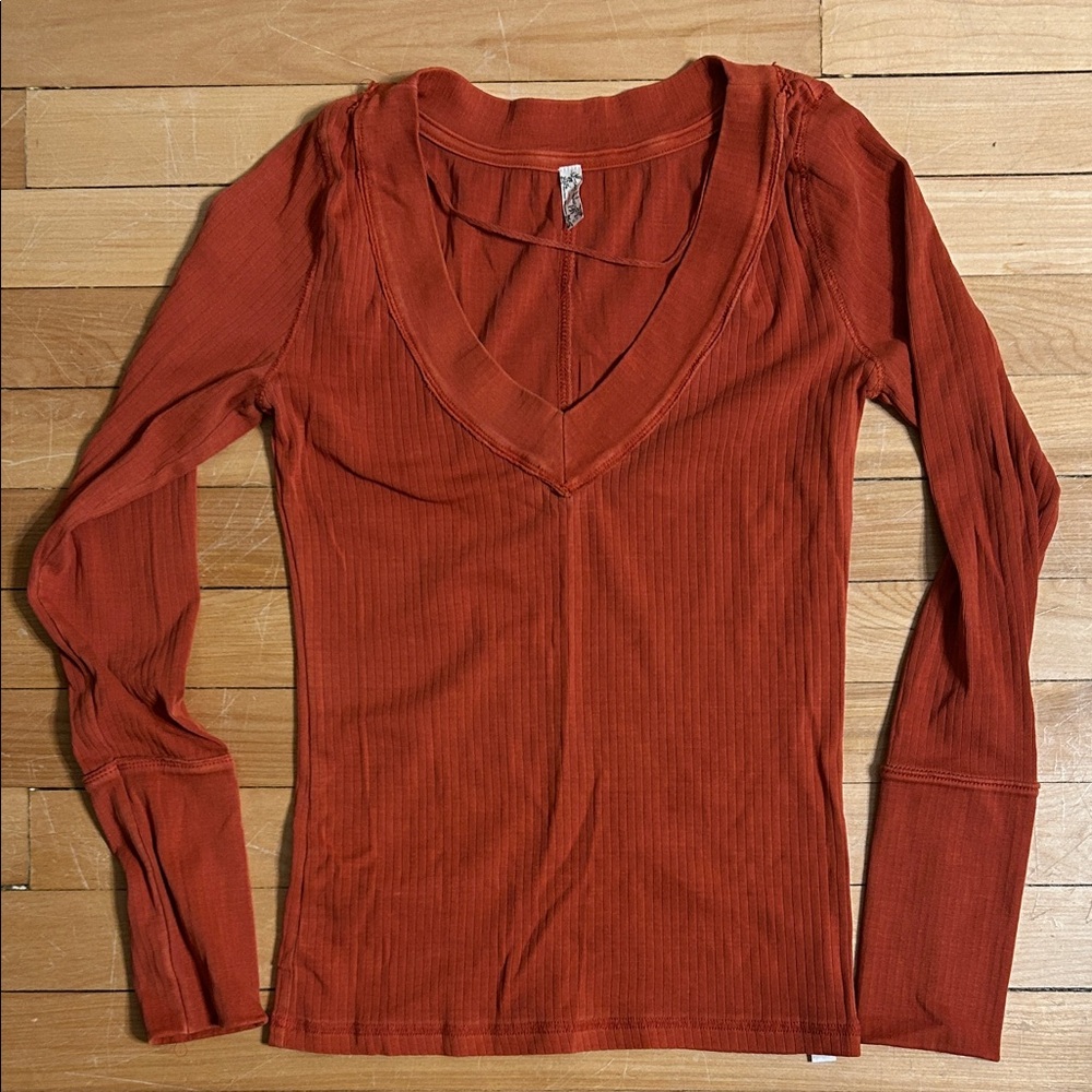 Free People Rust V-Neck Long Sleeve Top